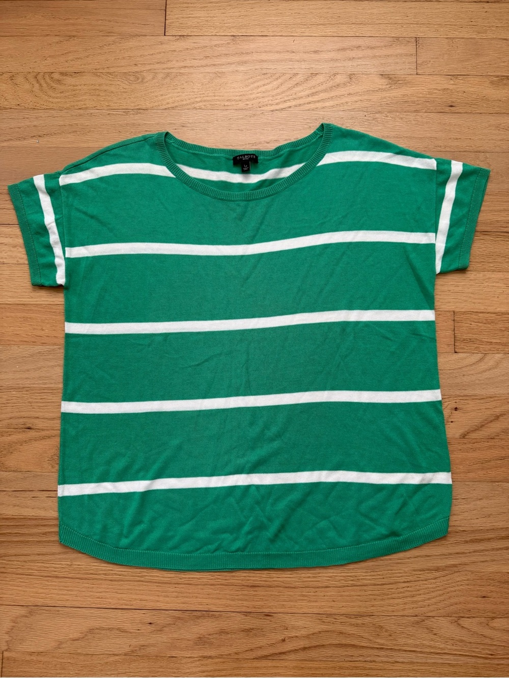 Talbots Large Petite Kelly Green & White Striped Short Sleeve Boxy Sweater Tee